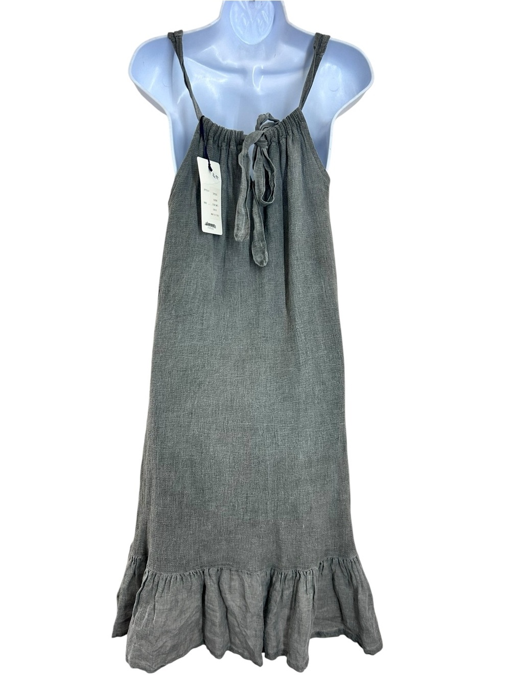 Tempo Paris 100% Linen Sleeveless Ruffled Hem Midi Dress M/L Gray Italy NWT - Picture 7 of 13